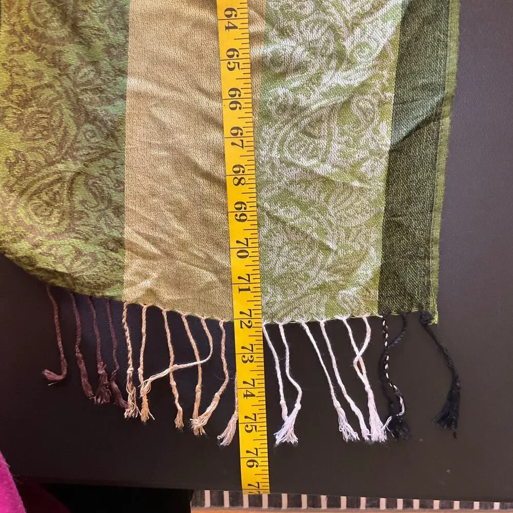 Pashmina Olive Green Paisley Fringe Shawl Wrap Scarf 23x72 Boho 100% Pashmina